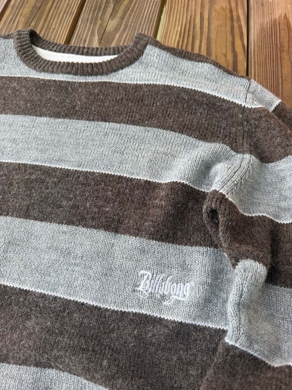 Billabong Men's Brown and Grey Striped Crewneck Knit Sweater - Picture 2 of 4